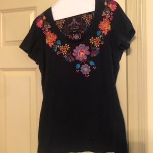 Johnny Was  V neck, short sleeve, embroidered  t-shirt.